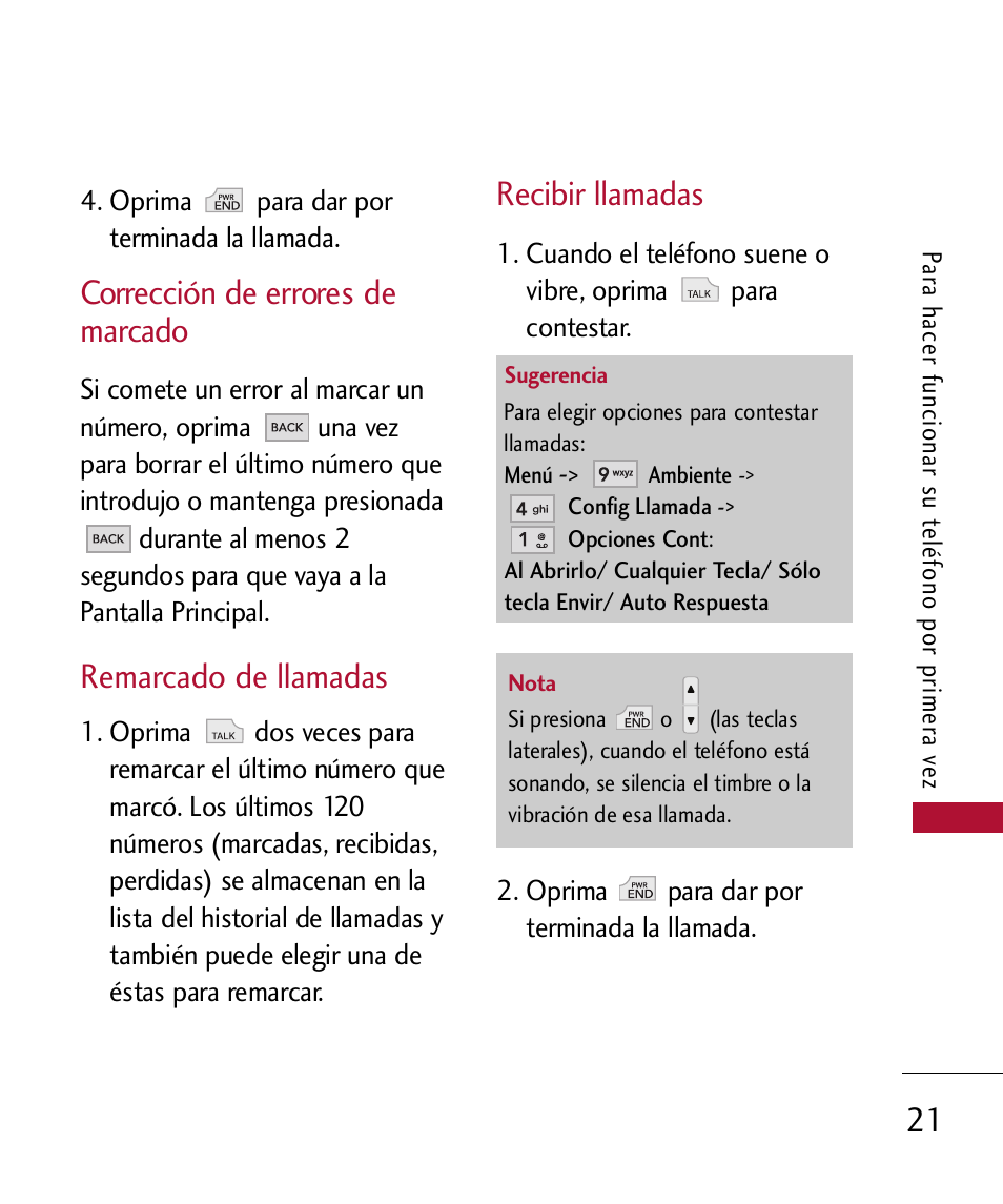Remarcado de llamadas, Corrección de errores de marcado, Recibir llamadas | LG 300 User Manual | Page 131 / 226