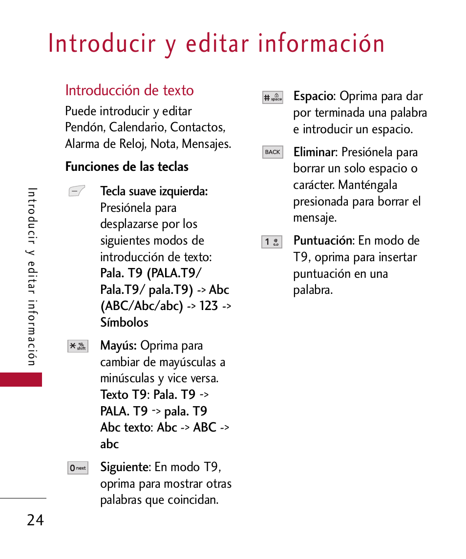 Introducir y editar informaci, Introducci? de texto, Funciones de las teclas | Introducir y editar información, Introducción de texto | LG 300 User Manual | Page 134 / 226