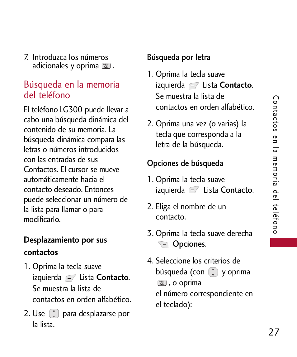 B?queda en la memoria del, Desplazamiento por sus conta, Búsqueda en la memoria del teléfono | Desplazamiento por sus contactos 27 | LG 300 User Manual | Page 137 / 226