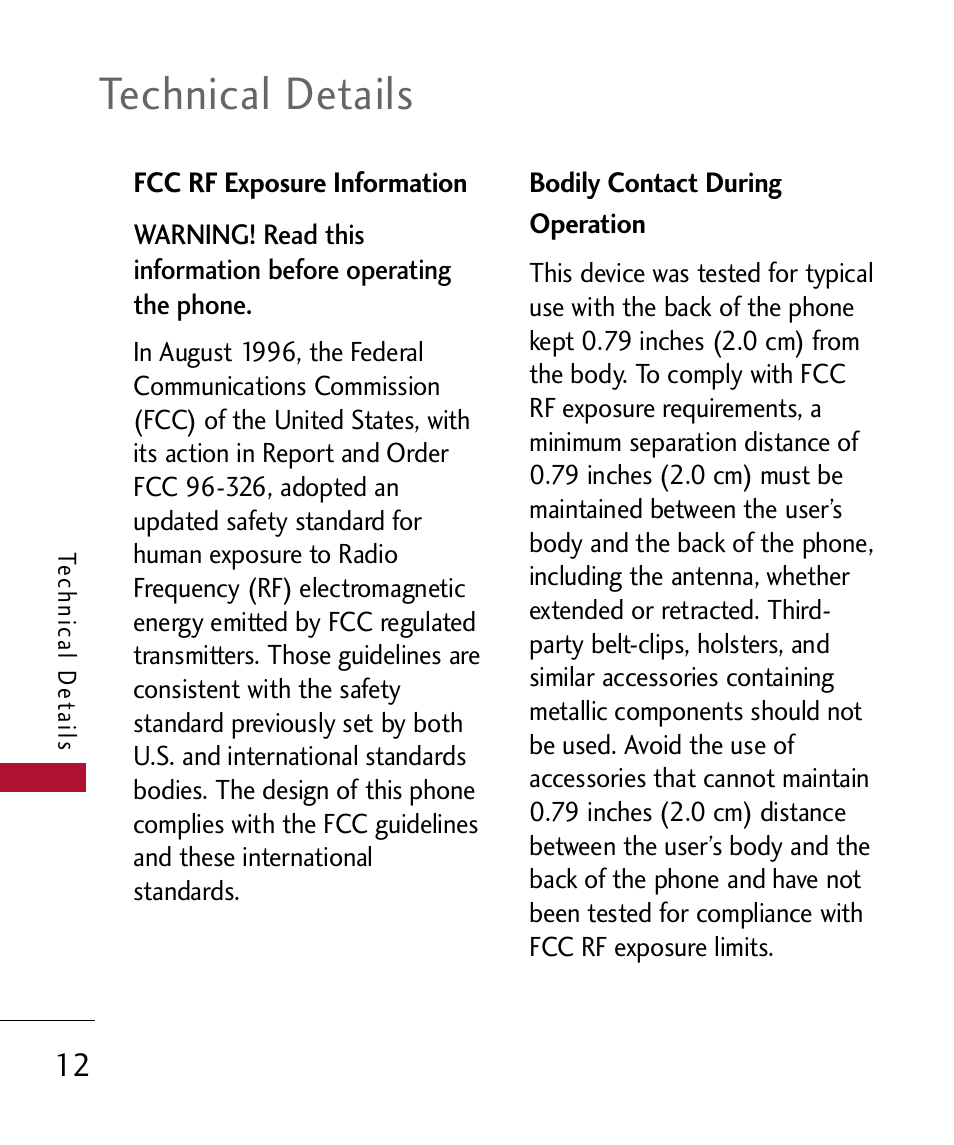 Fcc rf exposure information, Bodily contact during operation, Bodily contact during operation 12 | Technical details | LG 300 User Manual | Page 14 / 226