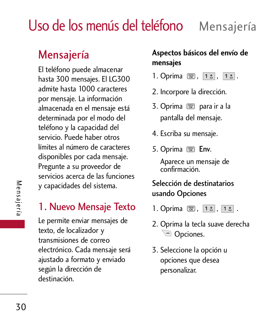 Uso de los men? del tel?ono, Mensajer, Nuevo mensaje texto | Uso de los menús del teléfono, Mensajería | LG 300 User Manual | Page 140 / 226