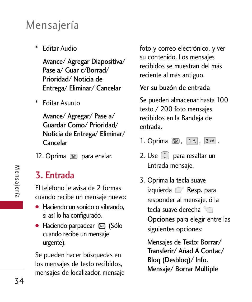 Entrada, Mensajería | LG 300 User Manual | Page 144 / 226