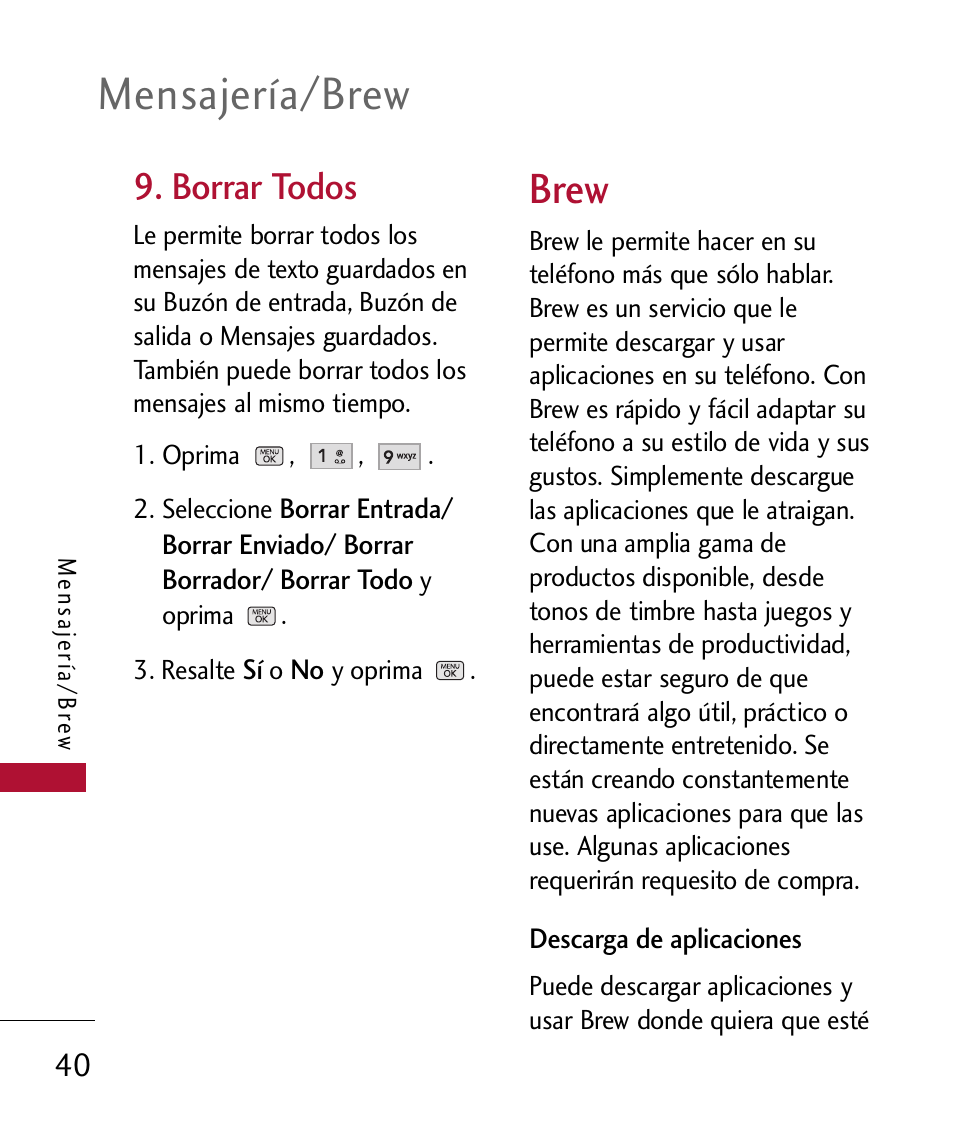 Borrar todos, Brew, Mensajería/brew | LG 300 User Manual | Page 150 / 226