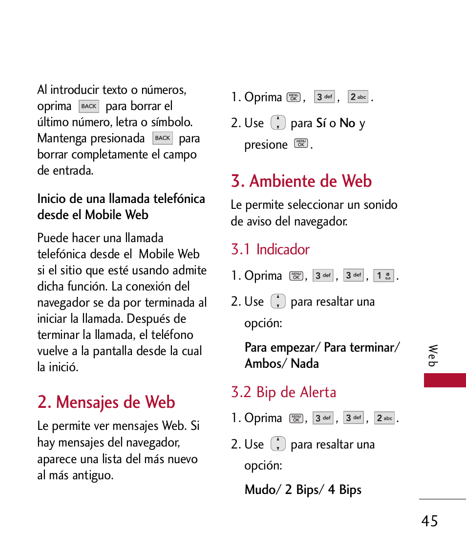 Mensajes de web, Ambiente de web, 1 indicador | 2 bip de alerta | LG 300 User Manual | Page 155 / 226