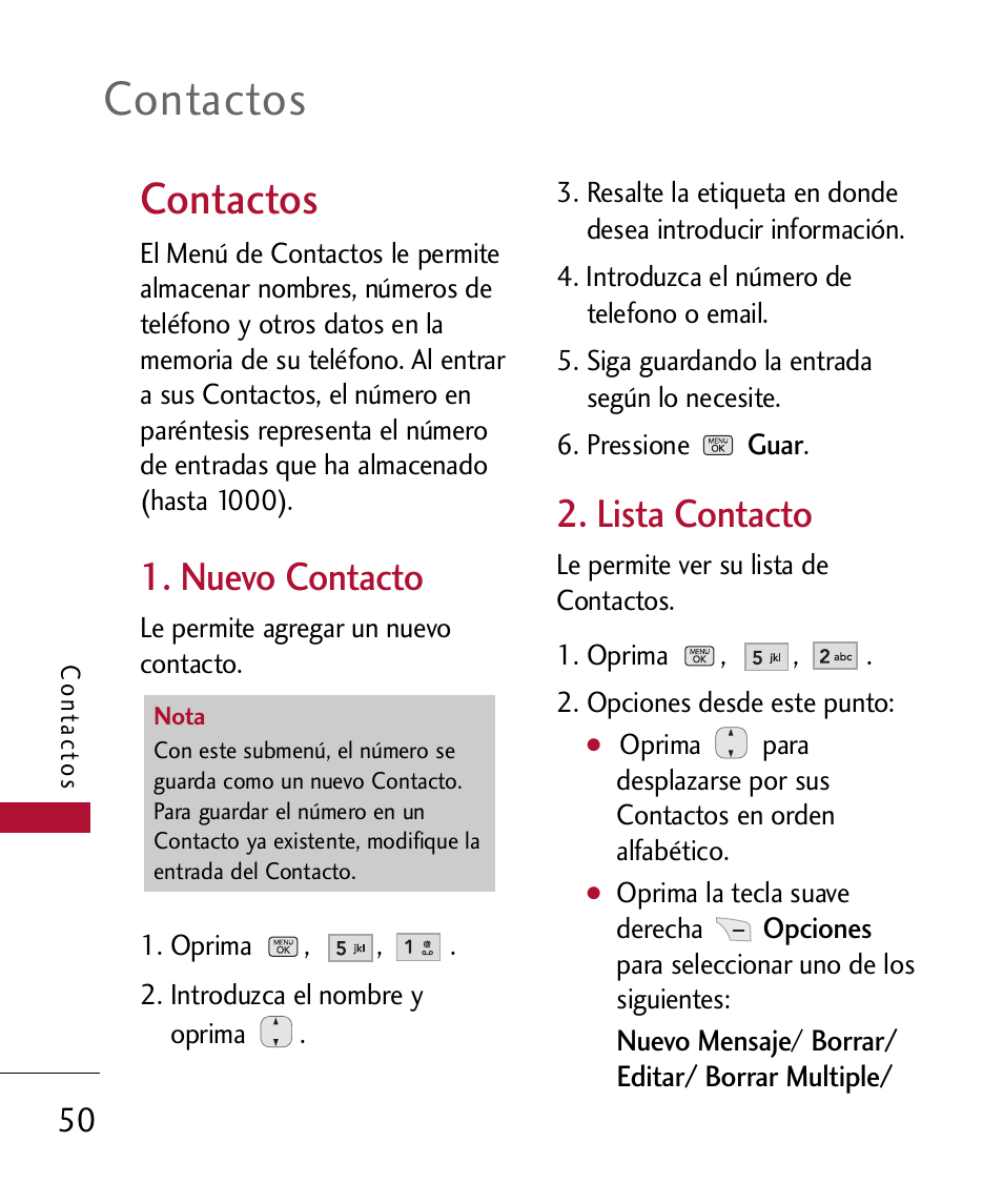 Lista contacto, Grup, Grupos | Contactos, Nuevo contacto | LG 300 User Manual | Page 160 / 226