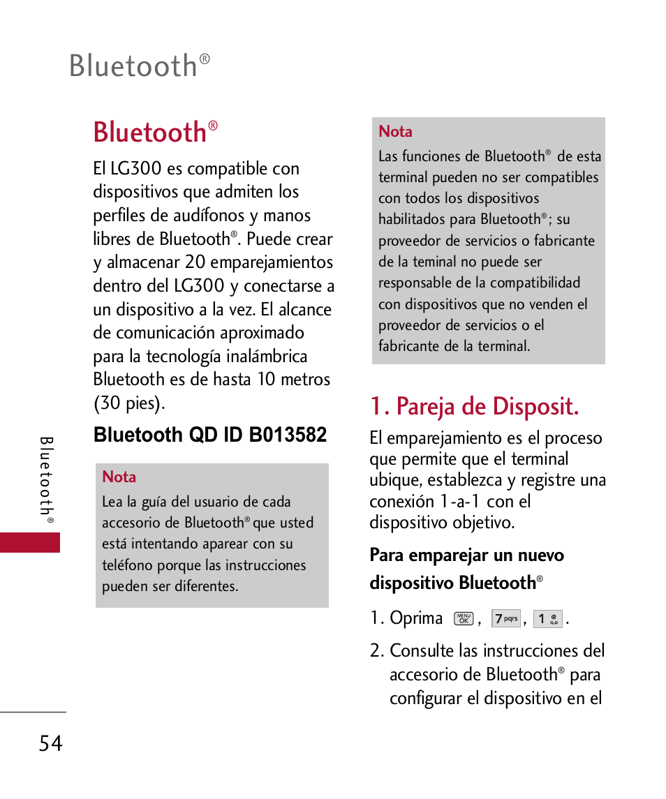 Bluetooth, Pareja de disposit | LG 300 User Manual | Page 164 / 226