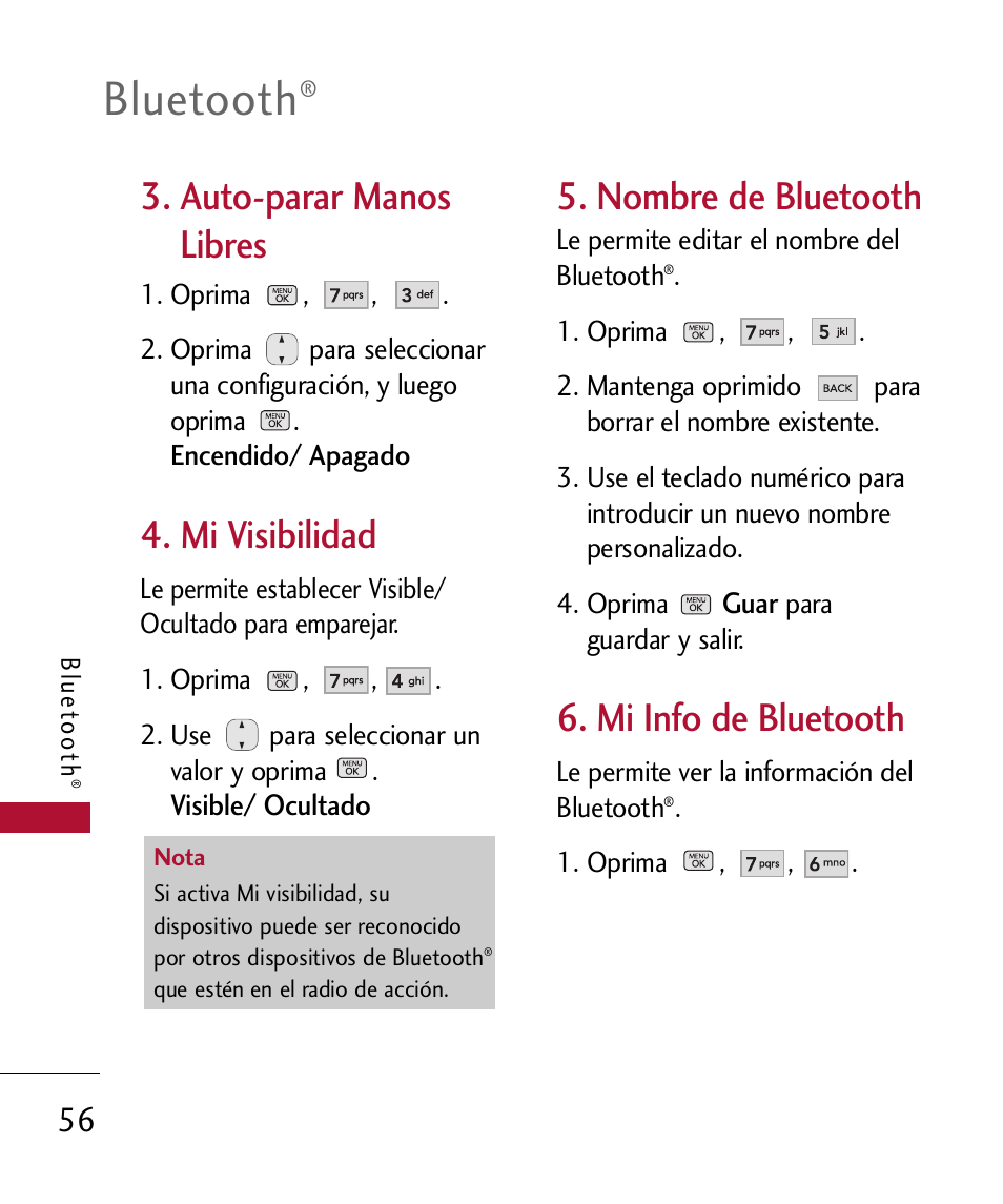 Nombre de bluetooth, Mi info de bluetooth, Bluetooth | Auto-parar manos libres, Mi visibilidad | LG 300 User Manual | Page 166 / 226