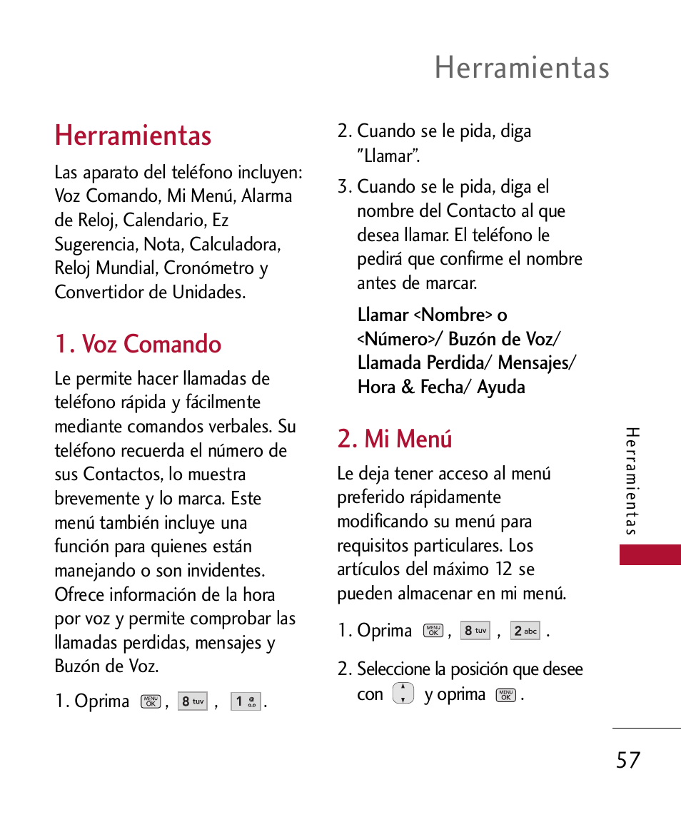 Herramientas, Voz comando, Mi men | Mi menú | LG 300 User Manual | Page 167 / 226