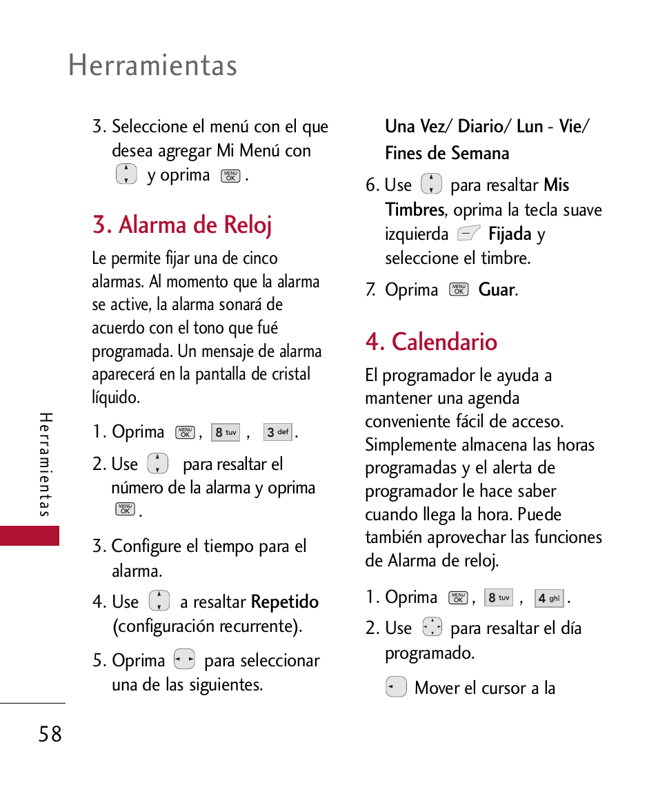 Alarma de reloj, Calendario, Herramientas | LG 300 User Manual | Page 168 / 226