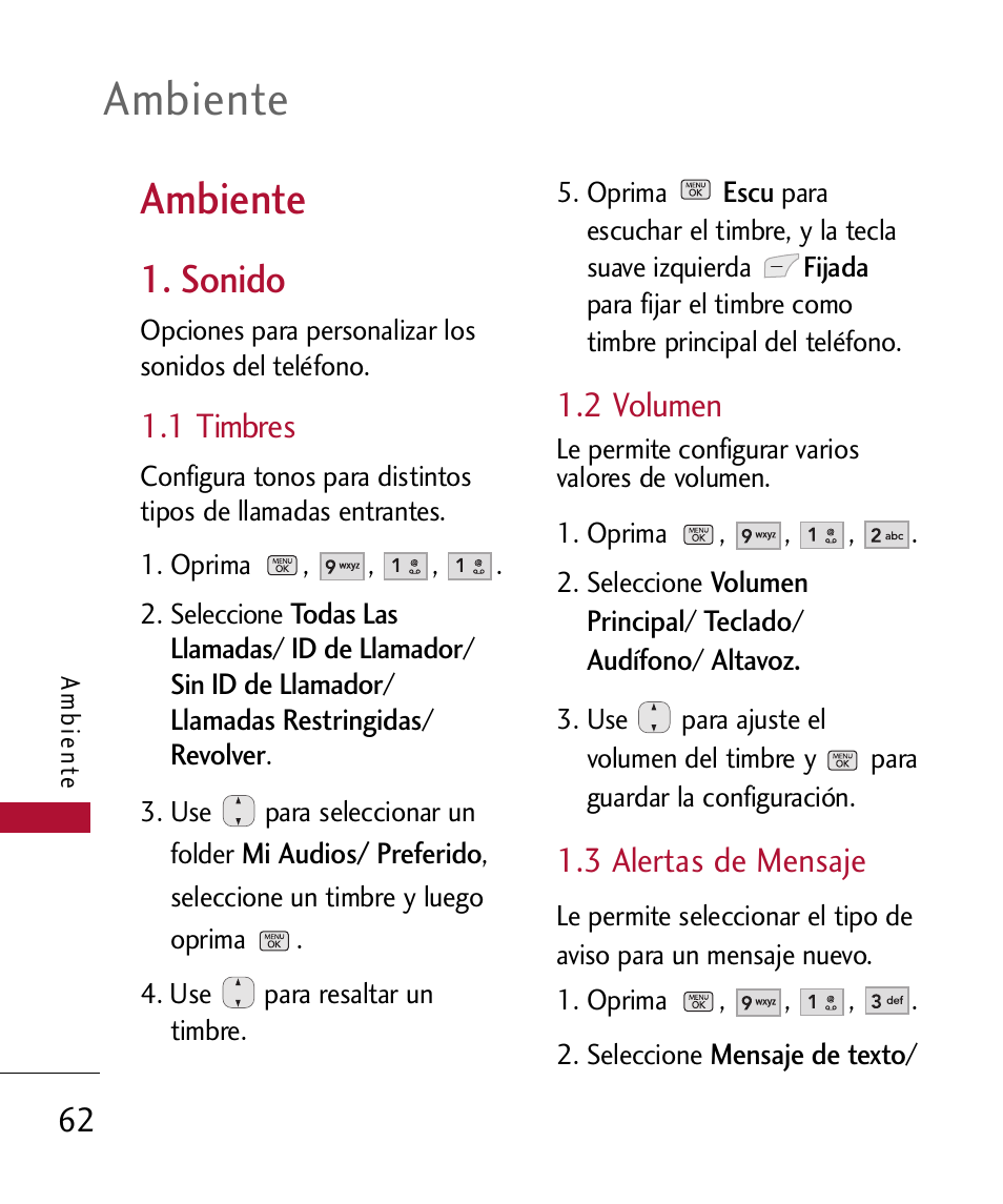 Ambiente, Sonido, 1 timbres | 2 volumen, 3 alertas de mensaje | LG 300 User Manual | Page 172 / 226