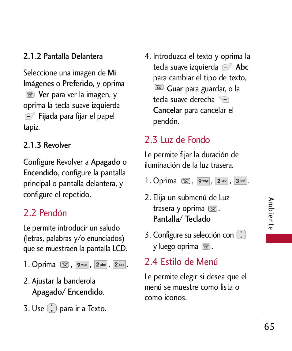 2 pend, 3 luz de fondo, 4 estilo de men | 2 pendón, 4 estilo de menú | LG 300 User Manual | Page 175 / 226