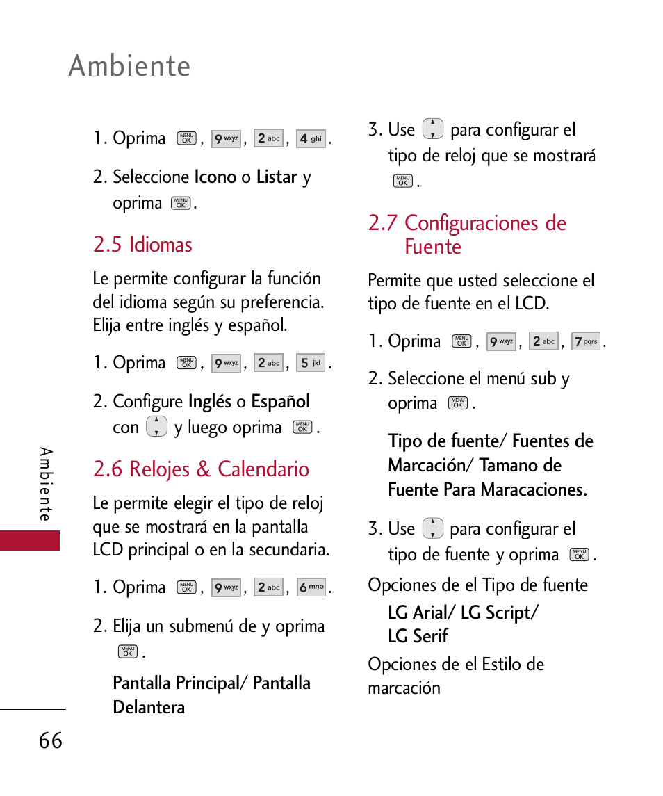 5 idiomas, 6 relojes & calendario, 7 configuraciones de fuente | 7 configuraciones de fuente 66, Ambiente | LG 300 User Manual | Page 176 / 226