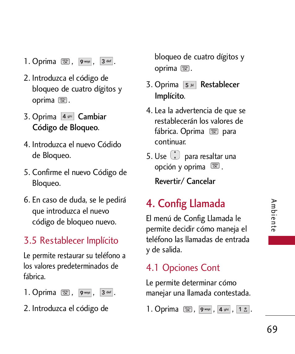 5 restablecer impl?ito, Config llamada, 1 opciones cont | 5 restablecer implícito | LG 300 User Manual | Page 179 / 226