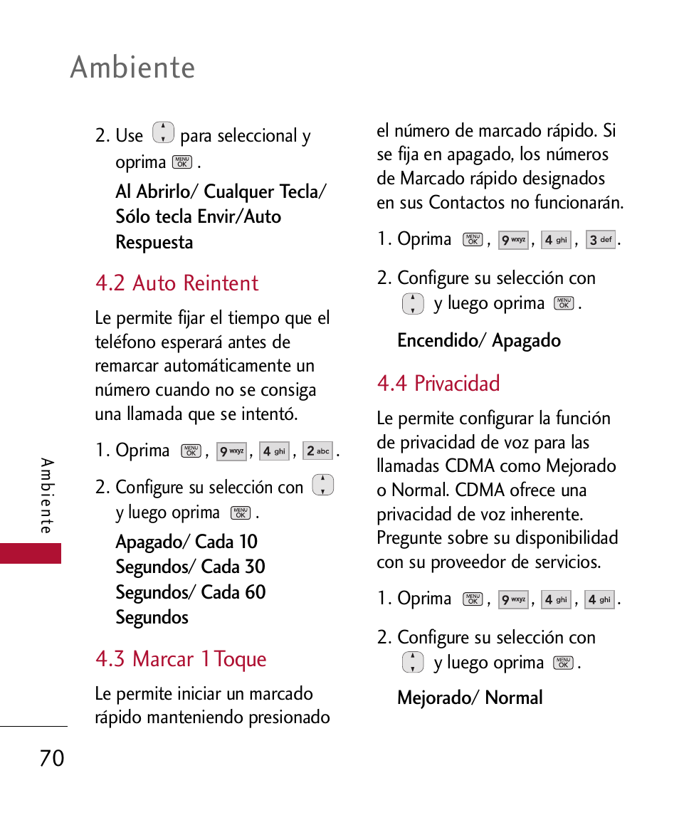 2 auto reintent, 3 marcar 1toque, 4 privacidad | Ambiente | LG 300 User Manual | Page 180 / 226