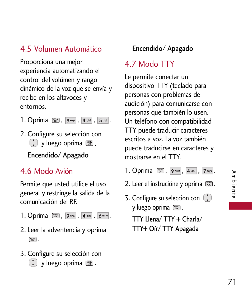 5 volumen autom?ico, 6 modo avi, 7 modo tty | 5 volumen automático, 6 modo avión | LG 300 User Manual | Page 181 / 226