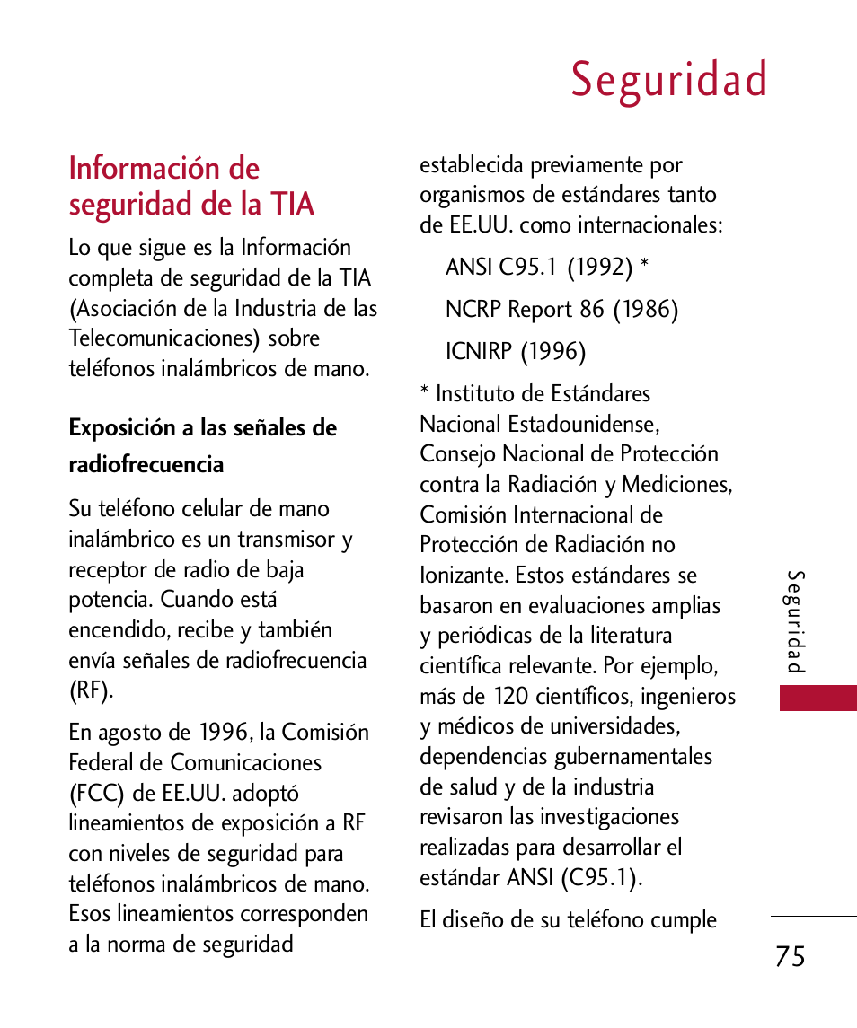 Informaci? de seguridad de, Exposici? a las se?les de, Información de seguridad de la tia | Exposición a las señales de radiofrecuencia, Seguridad | LG 300 User Manual | Page 185 / 226