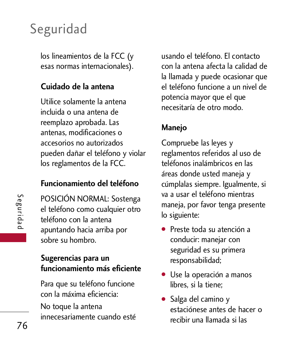 Cuidado de la antena, Funcionamiento del tel?ono, Sugerencias para un funciona | Manejo, Funcionamiento del teléfono, Sugerencias para un funcionamiento más eficiente, Seguridad | LG 300 User Manual | Page 186 / 226