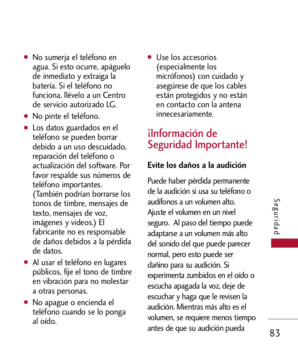 Nformaci? de seguridad im, Evite los da?s a la audici, Información de seguridad importante! 83 | Evite los daños a la audición, Información de seguridad importante | LG 300 User Manual | Page 193 / 226