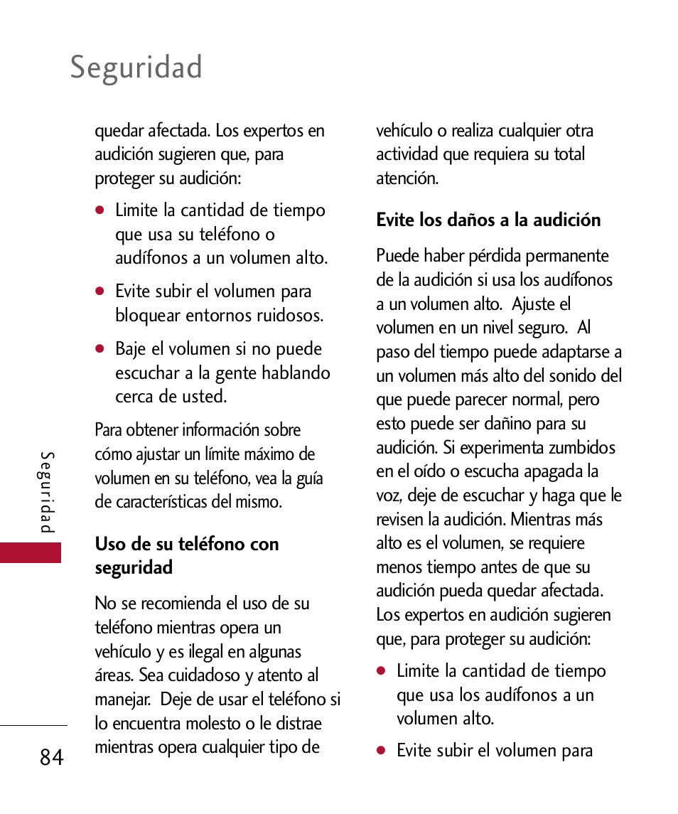 Uso de su tel?ono con segur, Evite los da?s a la audici, Uso de su teléfono con seguridad 84 | Evite los daños a la audición, Seguridad | LG 300 User Manual | Page 194 / 226