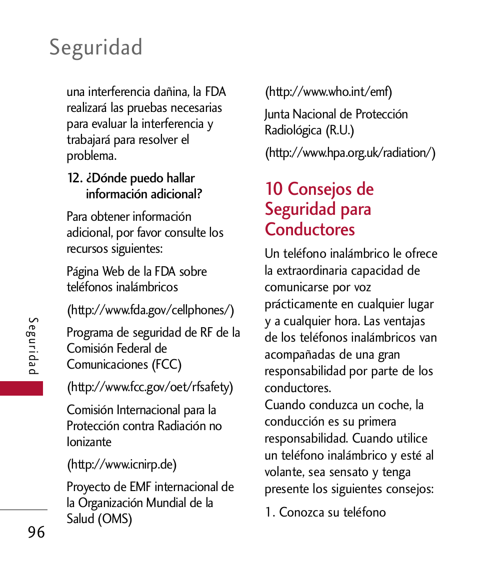 10 consejos de seguridad pa, 10 consejos de seguridad para conductores, Seguridad | LG 300 User Manual | Page 206 / 226