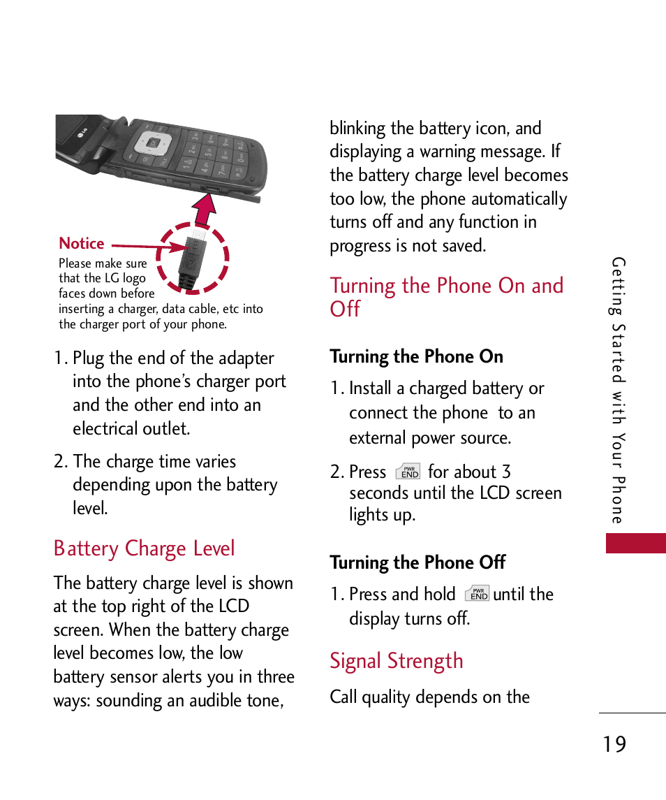 Battery charge level, Turning the phone on and off, Turning the phone on | Turning the phone off, Signal strength, Turning the phone on and off 19 | LG 300 User Manual | Page 21 / 226