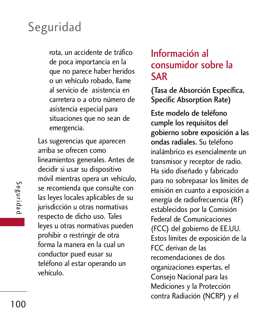 Informaci? al consumidor so, Información al consumidor sobre la sar, Seguridad | LG 300 User Manual | Page 210 / 226