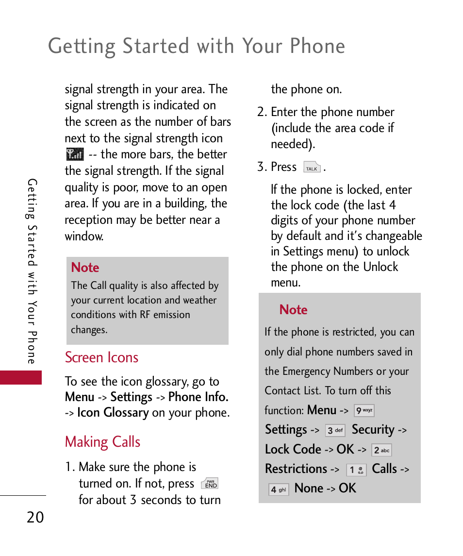 Screen icons, Making calls, Getting started with your phone | LG 300 User Manual | Page 22 / 226