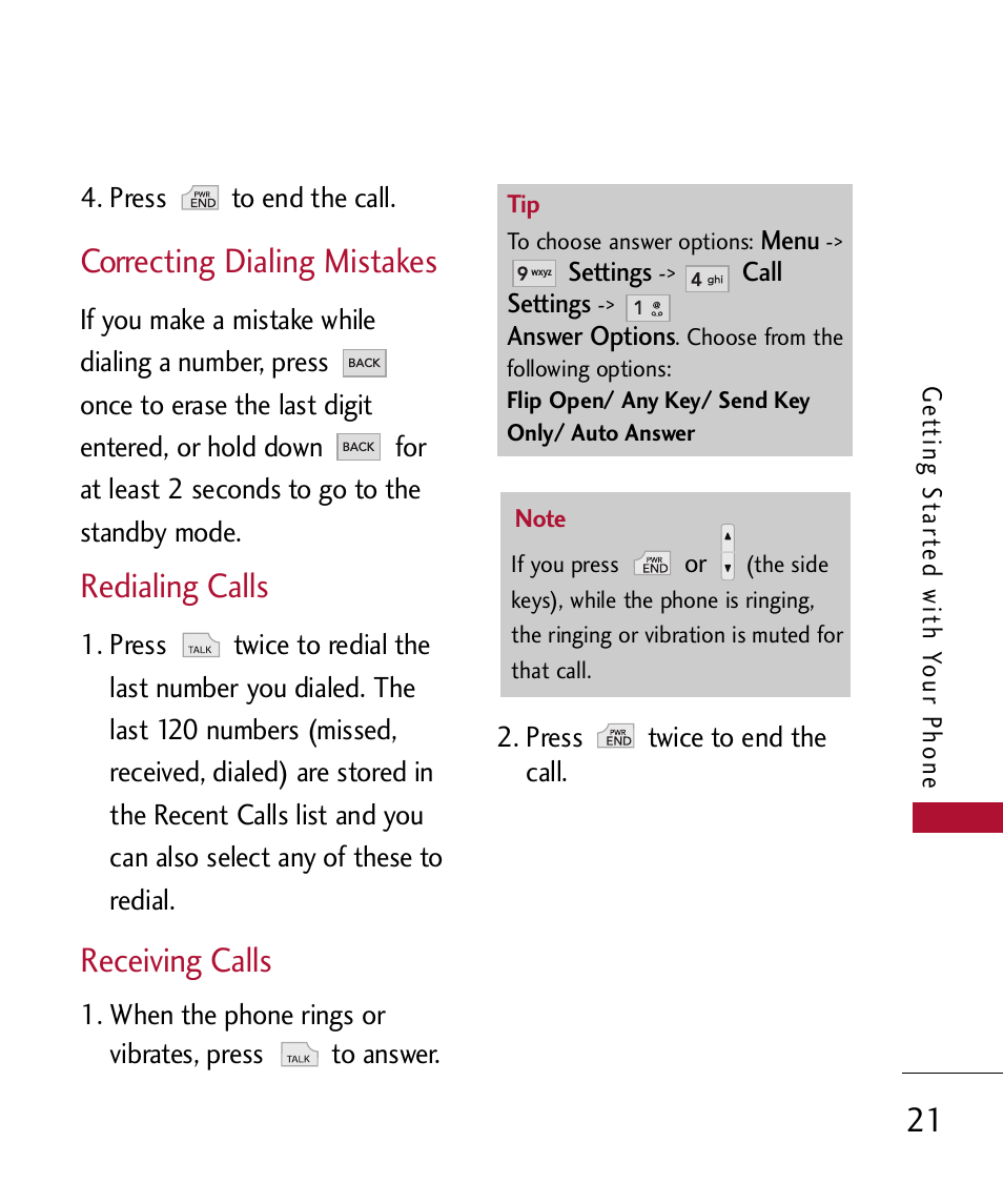 Correcting dialing mistakes, Receiving calls, Redialing calls | LG 300 User Manual | Page 23 / 226