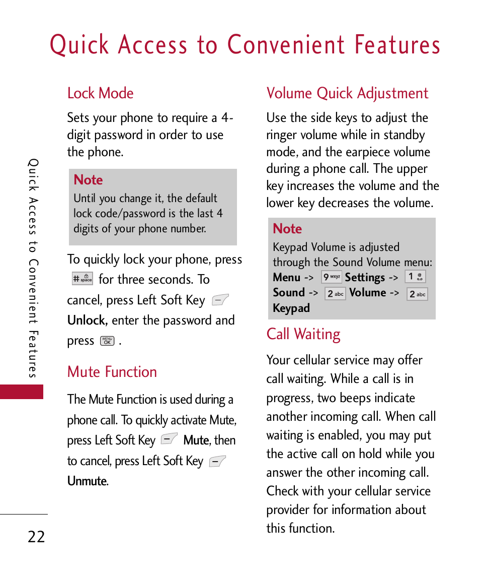 Quick access to convenient f, Lock mode, Mute function | Volume quick adjustment, Call waiting, Quick access to convenient features | LG 300 User Manual | Page 24 / 226