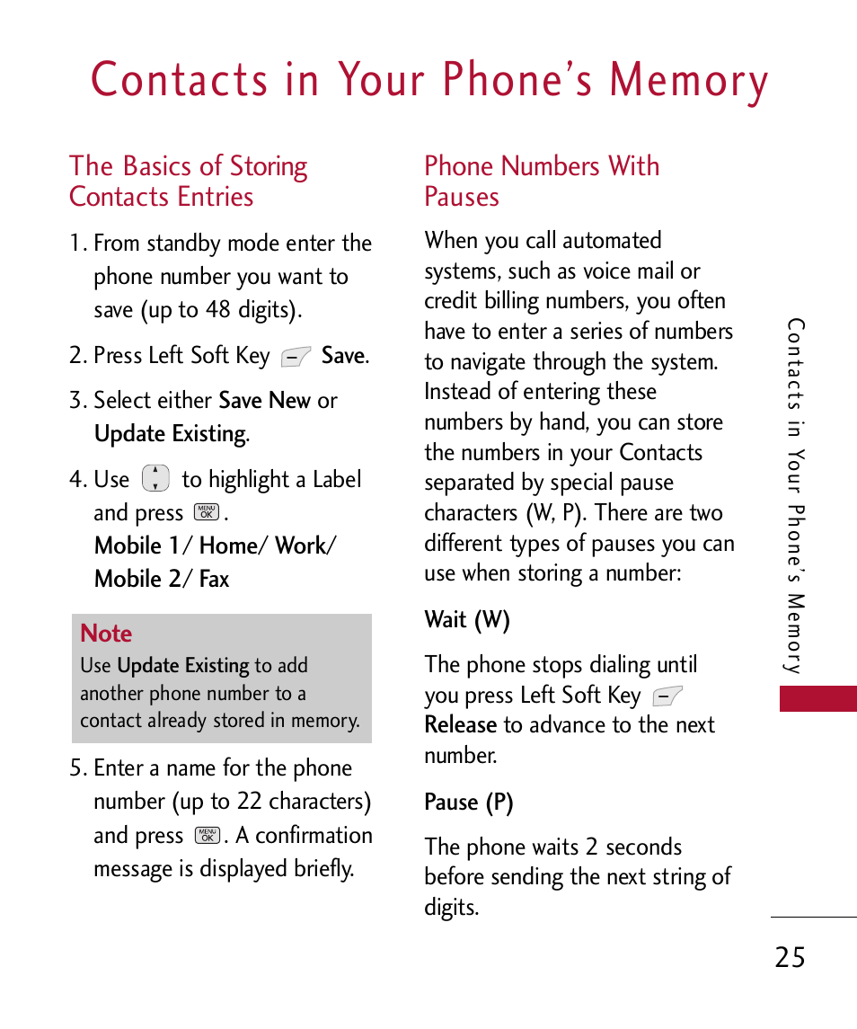 Contacts in your phone? memory, The basics of storing contac, Phone numbers with pauses | Contacts in your phone’s memory, The basics of storing contacts entries | LG 300 User Manual | Page 27 / 226