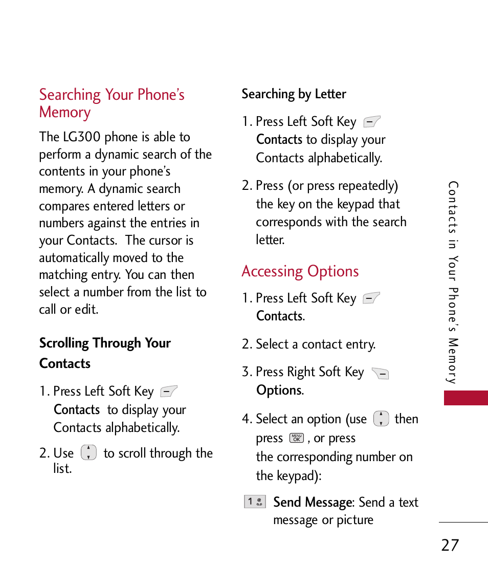 Searching your phone? memory, Scrolling through your contacts, Accessing options | Searching your phone’s memory 27, Scrolling through your contacts 27 | LG 300 User Manual | Page 29 / 226
