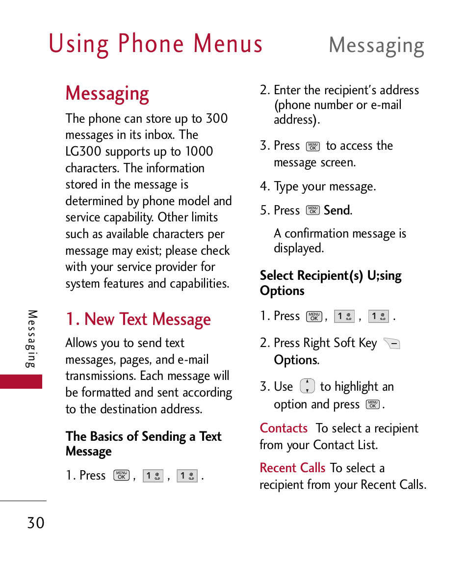 Messaging, New text message, Using phone menus | LG 300 User Manual | Page 32 / 226