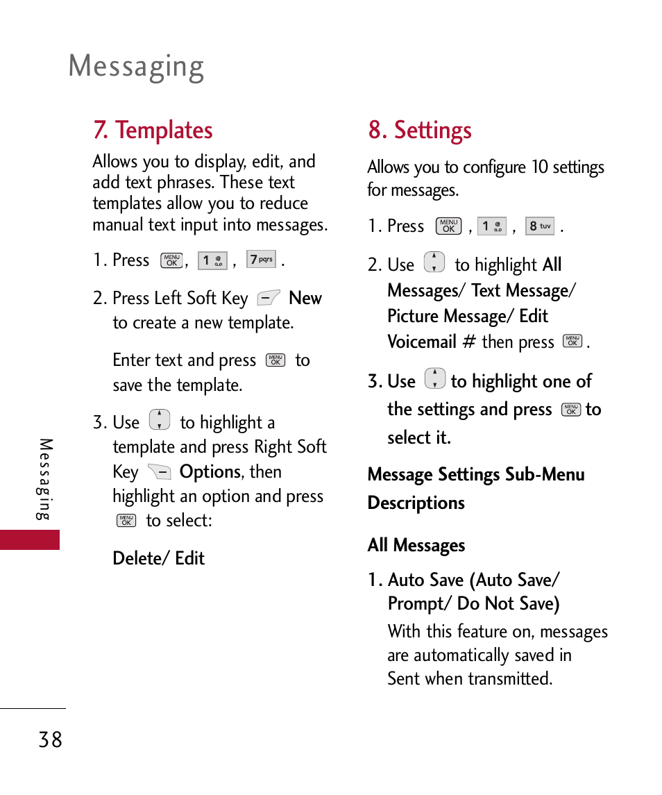 Templates, Settings, Messaging | LG 300 User Manual | Page 40 / 226