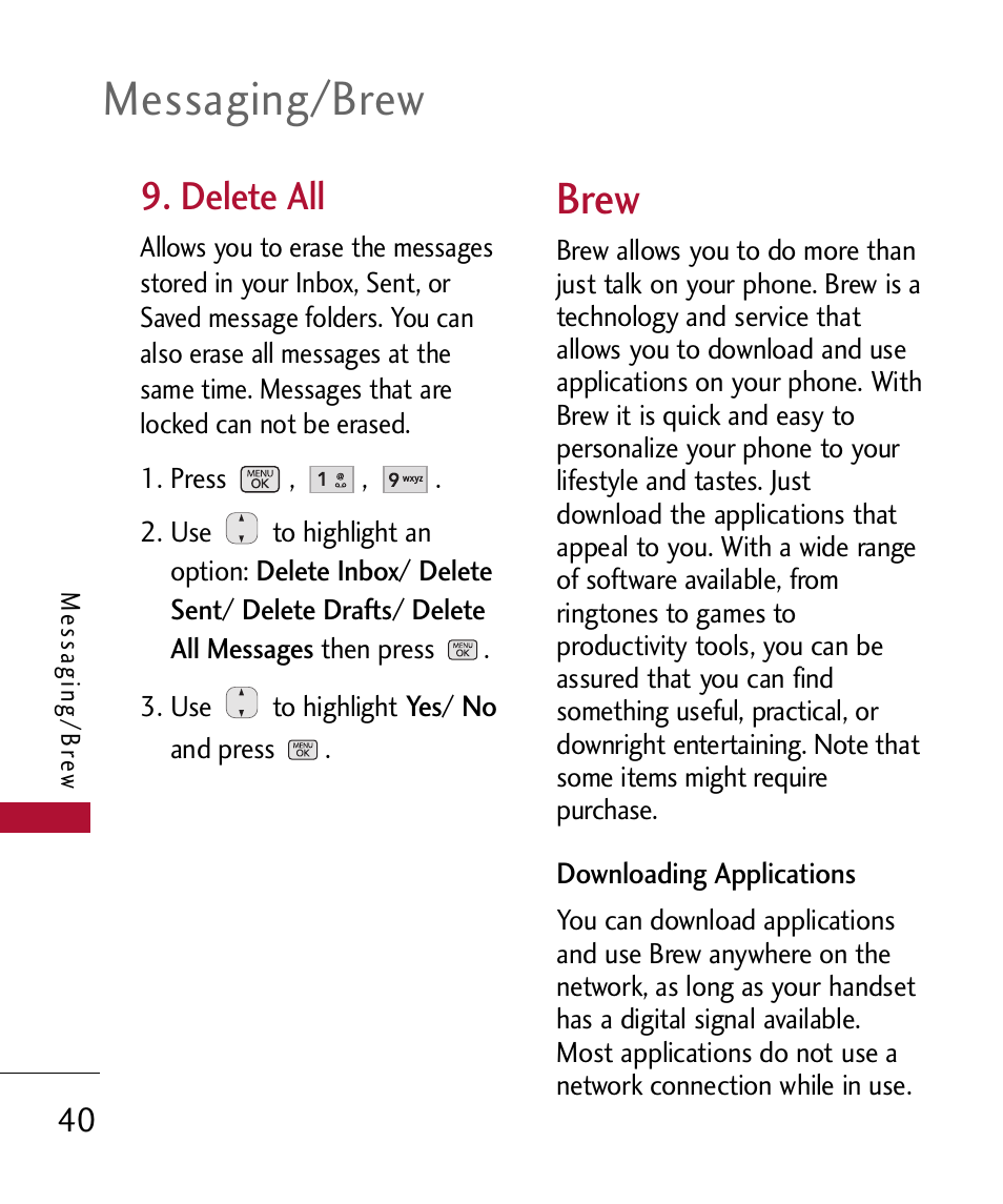 Delete al, Delete all, Messaging/brew | Brew | LG 300 User Manual | Page 42 / 226