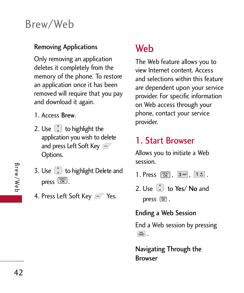 Start browser, Brew/web | LG 300 User Manual | Page 44 / 226