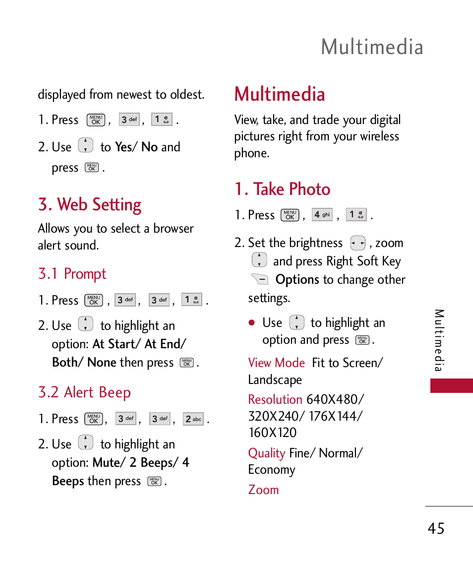 Web setting, 1 prompt, 2 alert beep | Multimedia, Take photo | LG 300 User Manual | Page 47 / 226