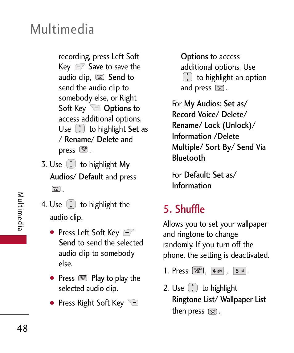 Shuffle, Multimedia | LG 300 User Manual | Page 50 / 226
