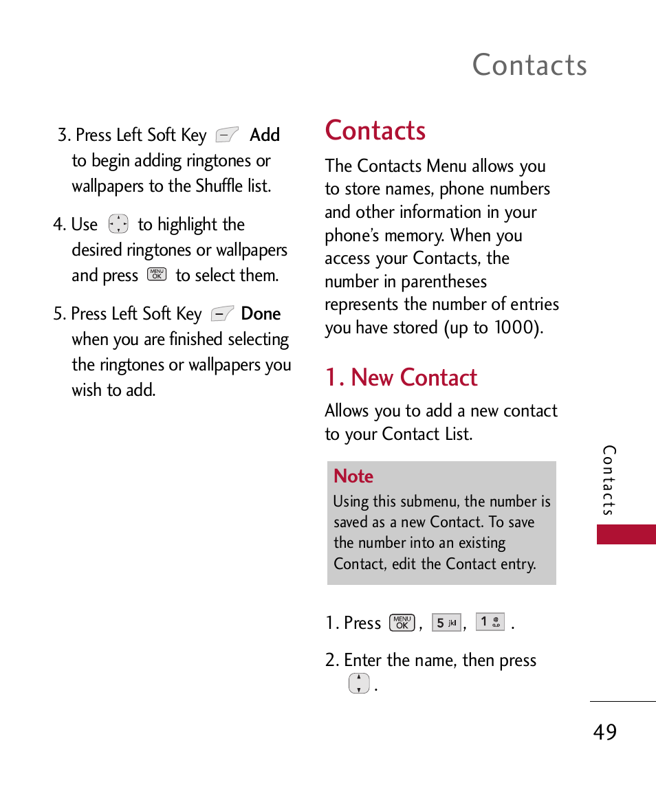 Contacts, New contact | LG 300 User Manual | Page 51 / 226