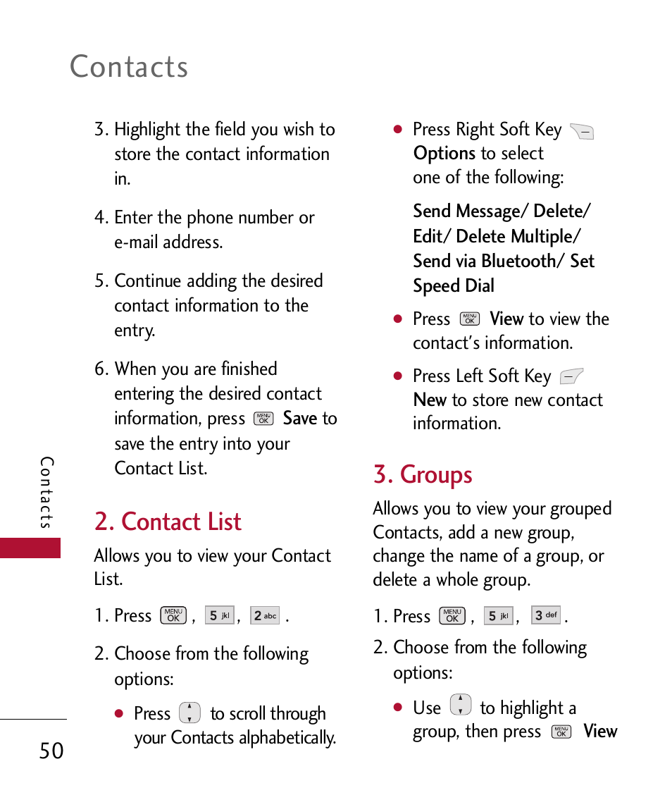 Contact list, Groups, Contacts | LG 300 User Manual | Page 52 / 226