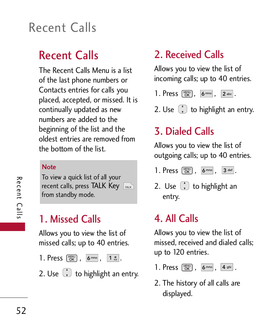 Recent calls, Missed calls, Received calls | Dialed calls, All calls | LG 300 User Manual | Page 54 / 226