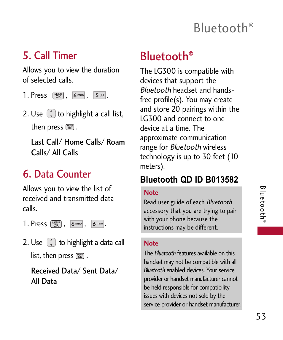 Call timer, Data counter, Bluetooth | LG 300 User Manual | Page 55 / 226