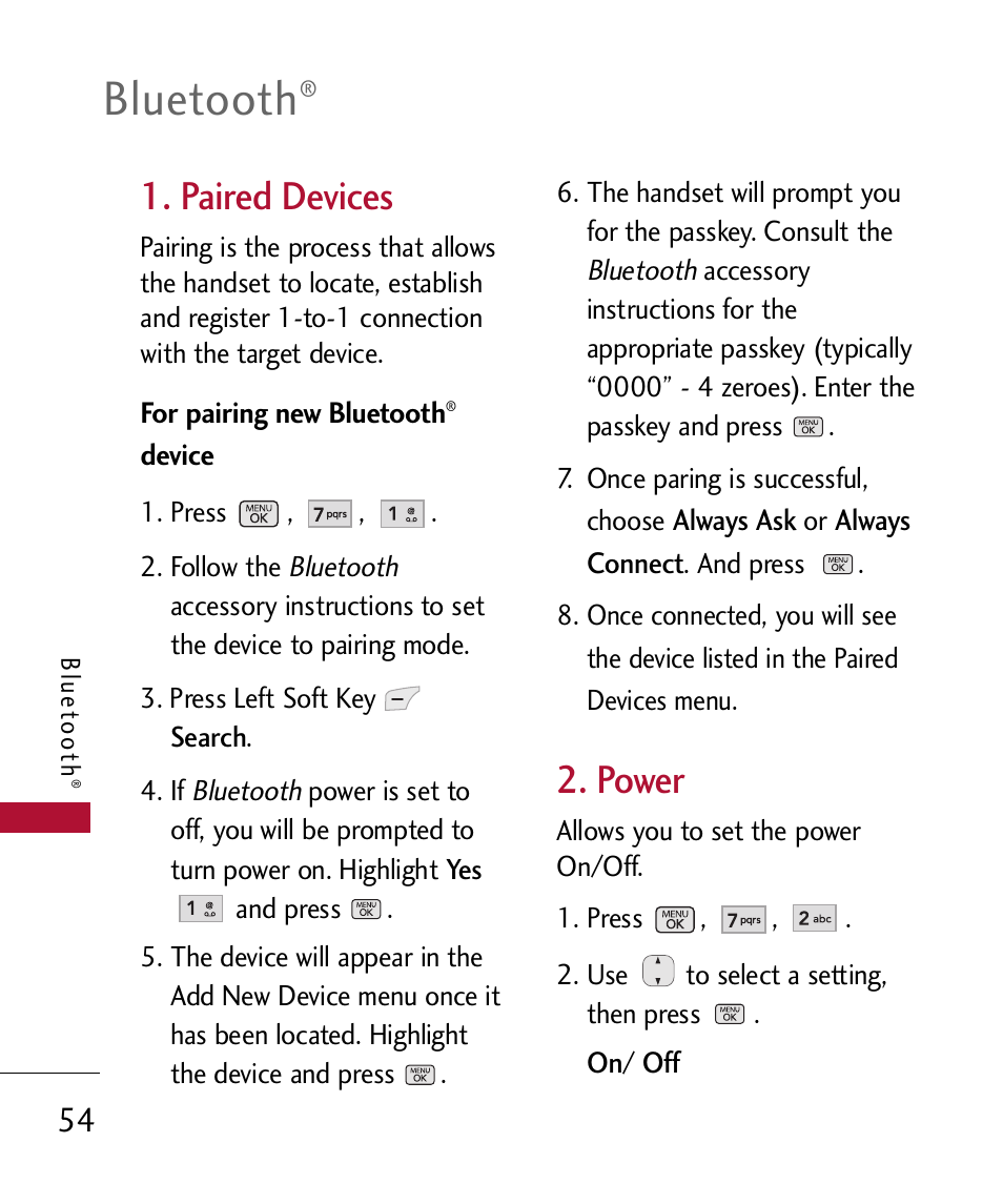 Paired devices, Bluetooth, Power | LG 300 User Manual | Page 56 / 226