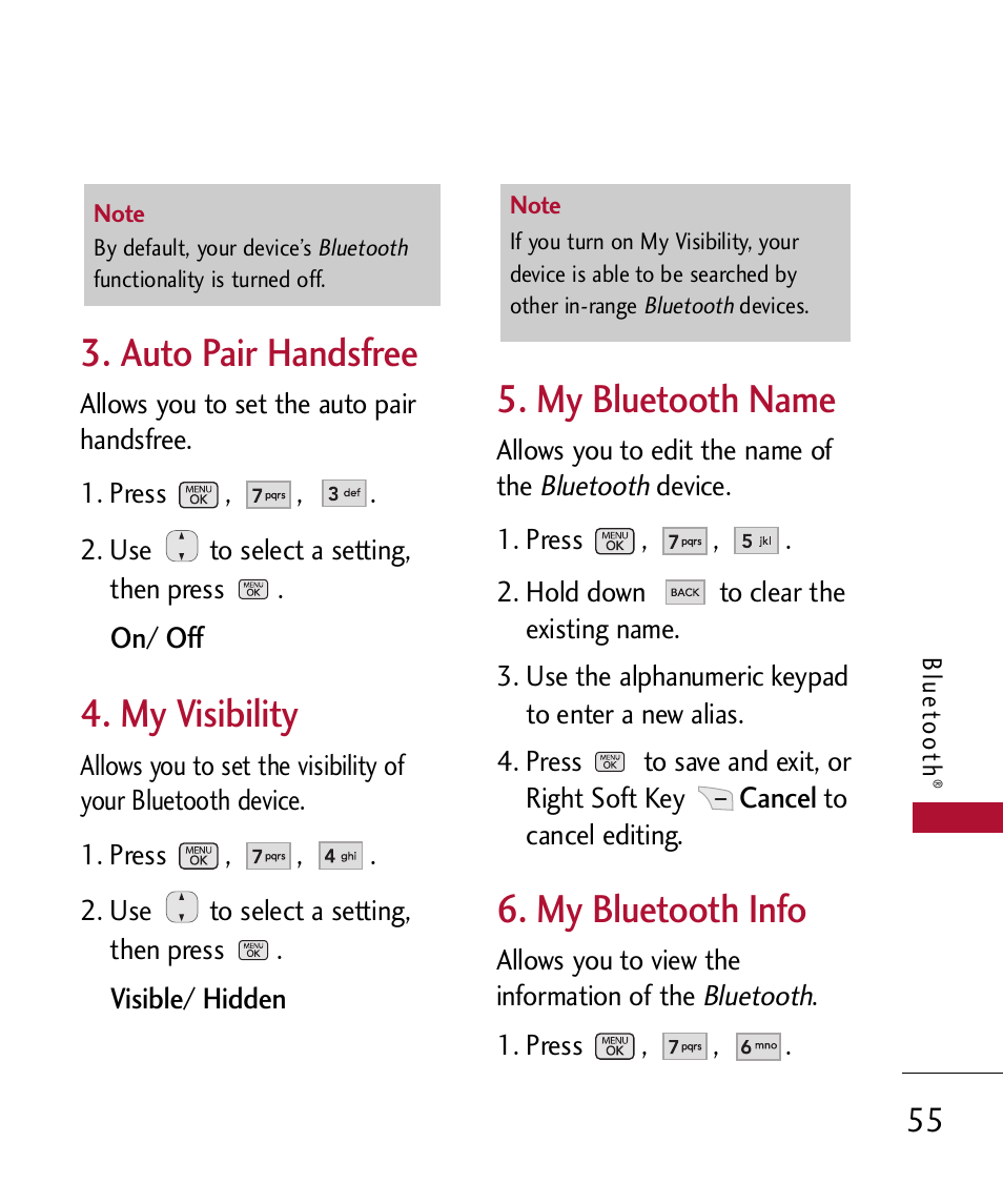 Powe, My visibility, My bluetooth name | My bluetooth info, Power, Auto pair handsfree | LG 300 User Manual | Page 57 / 226