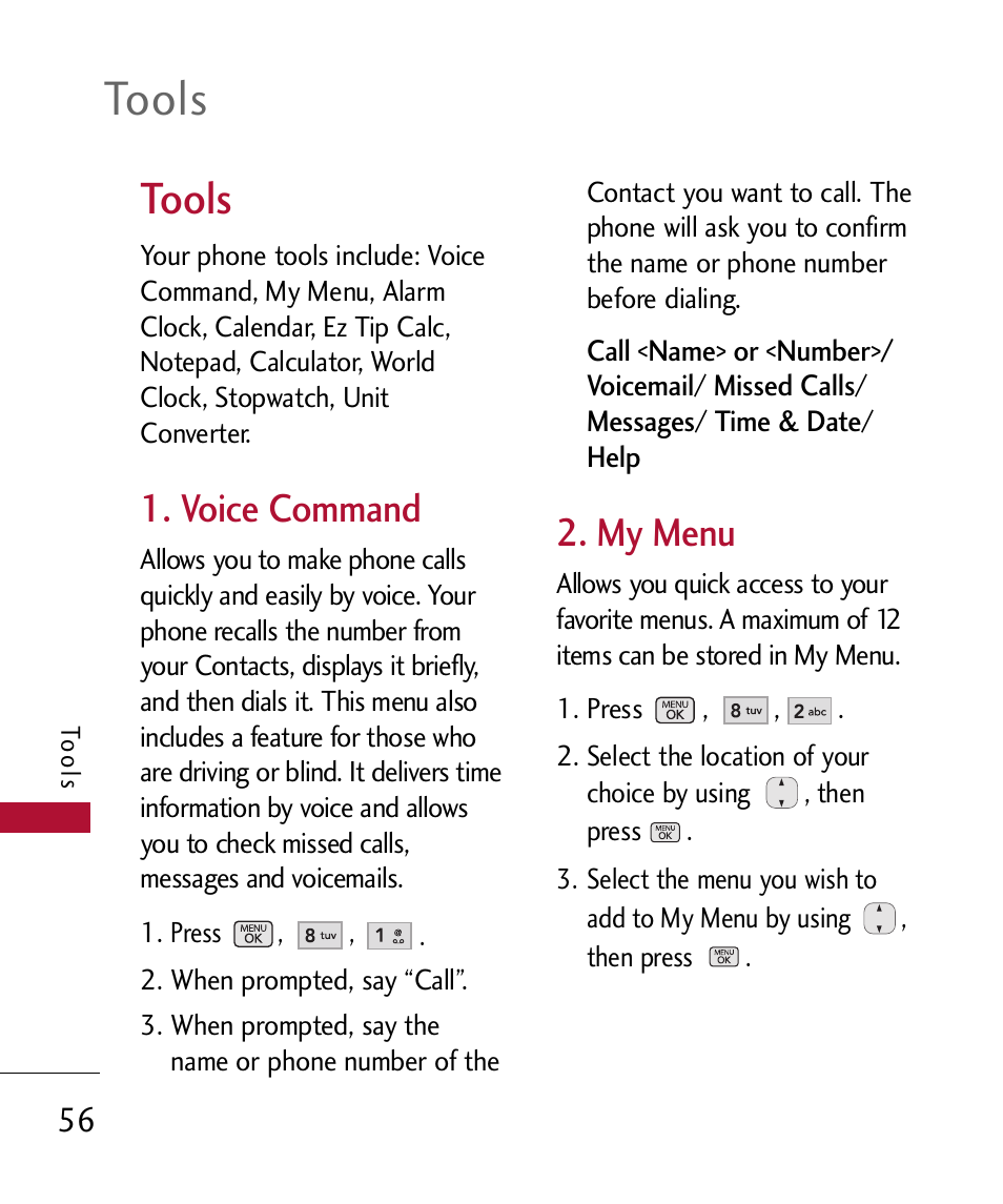 Tools, Voice command, My menu | Alarm cloc, Alarm clock | LG 300 User Manual | Page 58 / 226