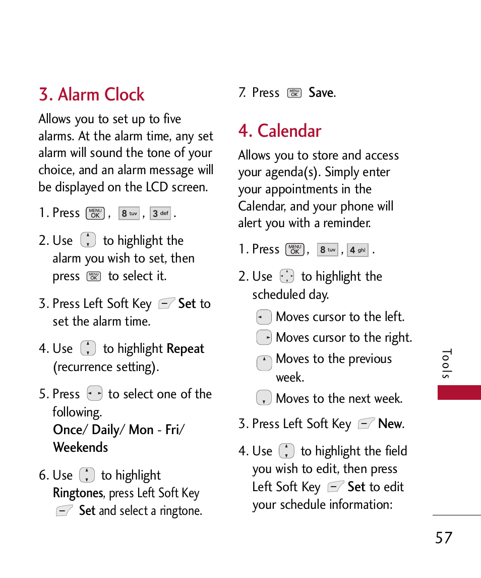 Calendar, Alarm clock | LG 300 User Manual | Page 59 / 226