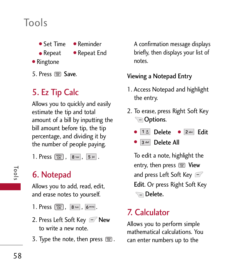 Ez tip calc, Notepad, Calculator | Tools | LG 300 User Manual | Page 60 / 226
