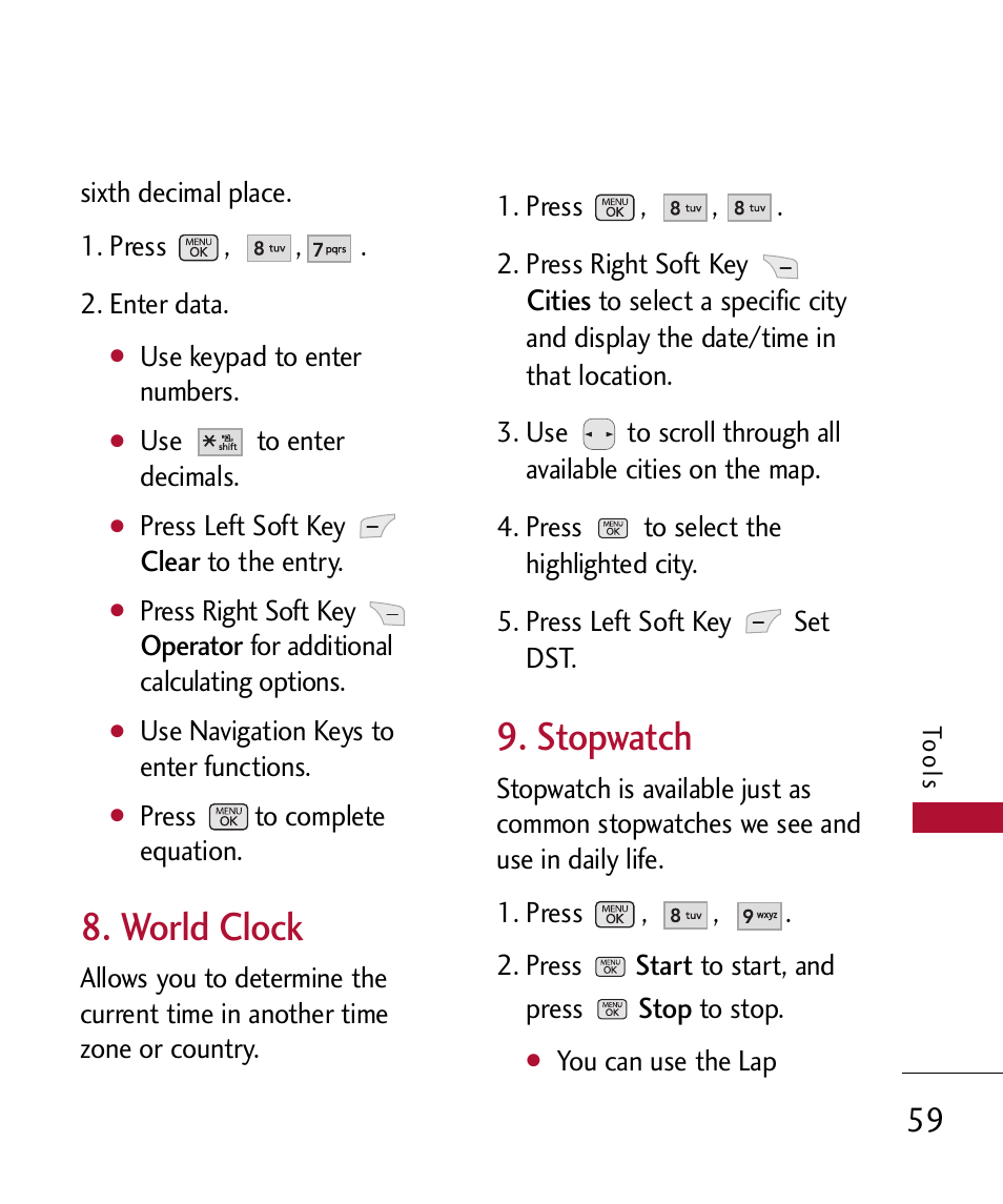 World clock, Stopwatch | LG 300 User Manual | Page 61 / 226