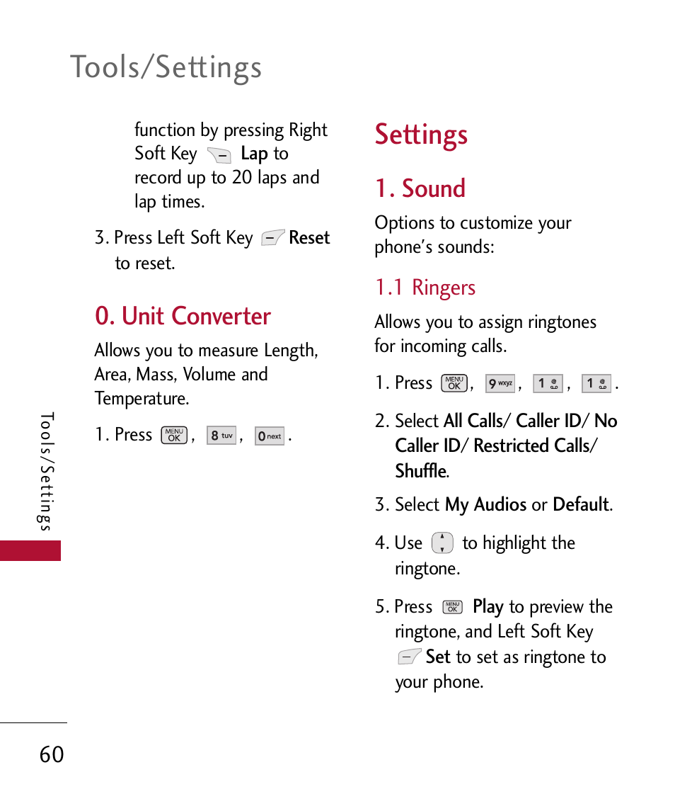 Unit converter, Settings, Sound | 1 ringers, Unit converter 60, Tools/settings | LG 300 User Manual | Page 62 / 226