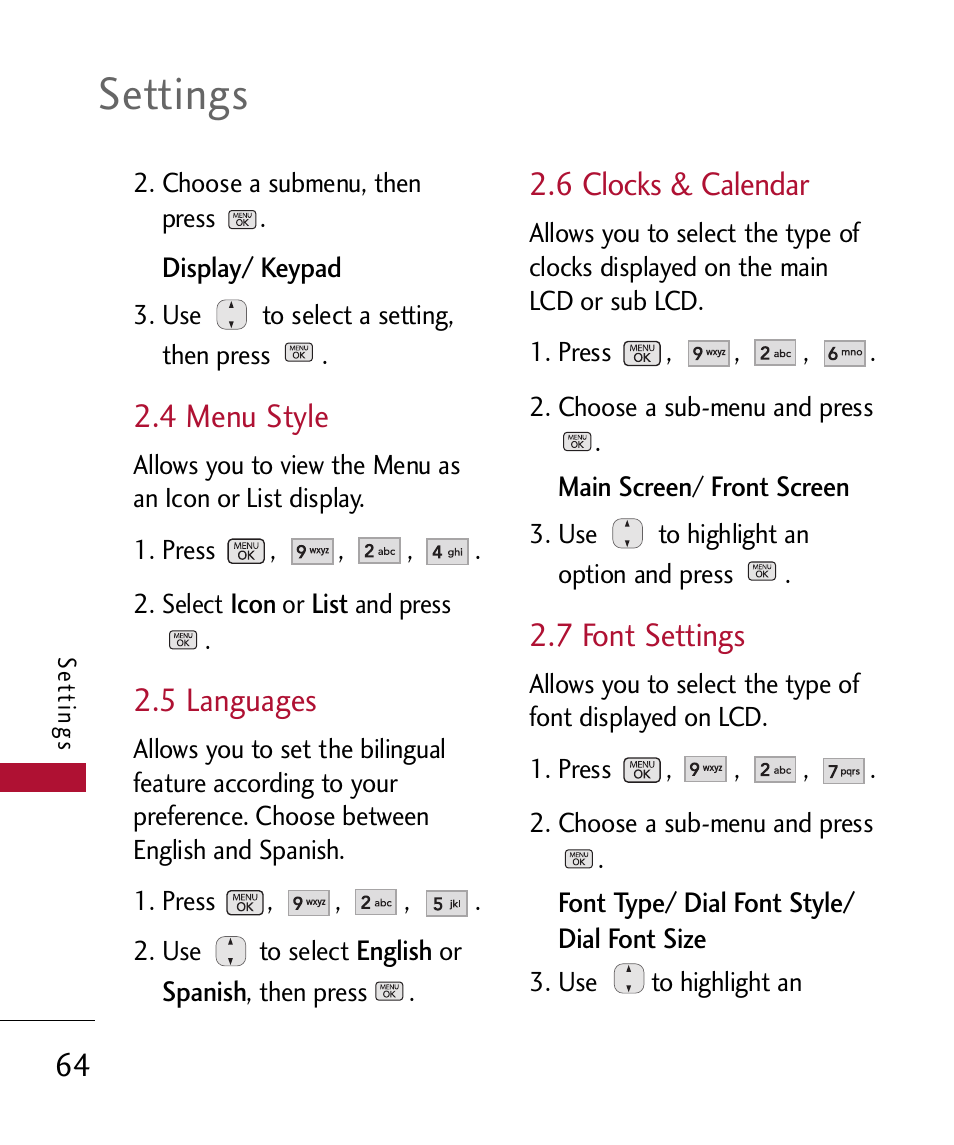 4 menu style, 5 languages, 6 clocks & calendar | 7 font settings, Settings | LG 300 User Manual | Page 66 / 226