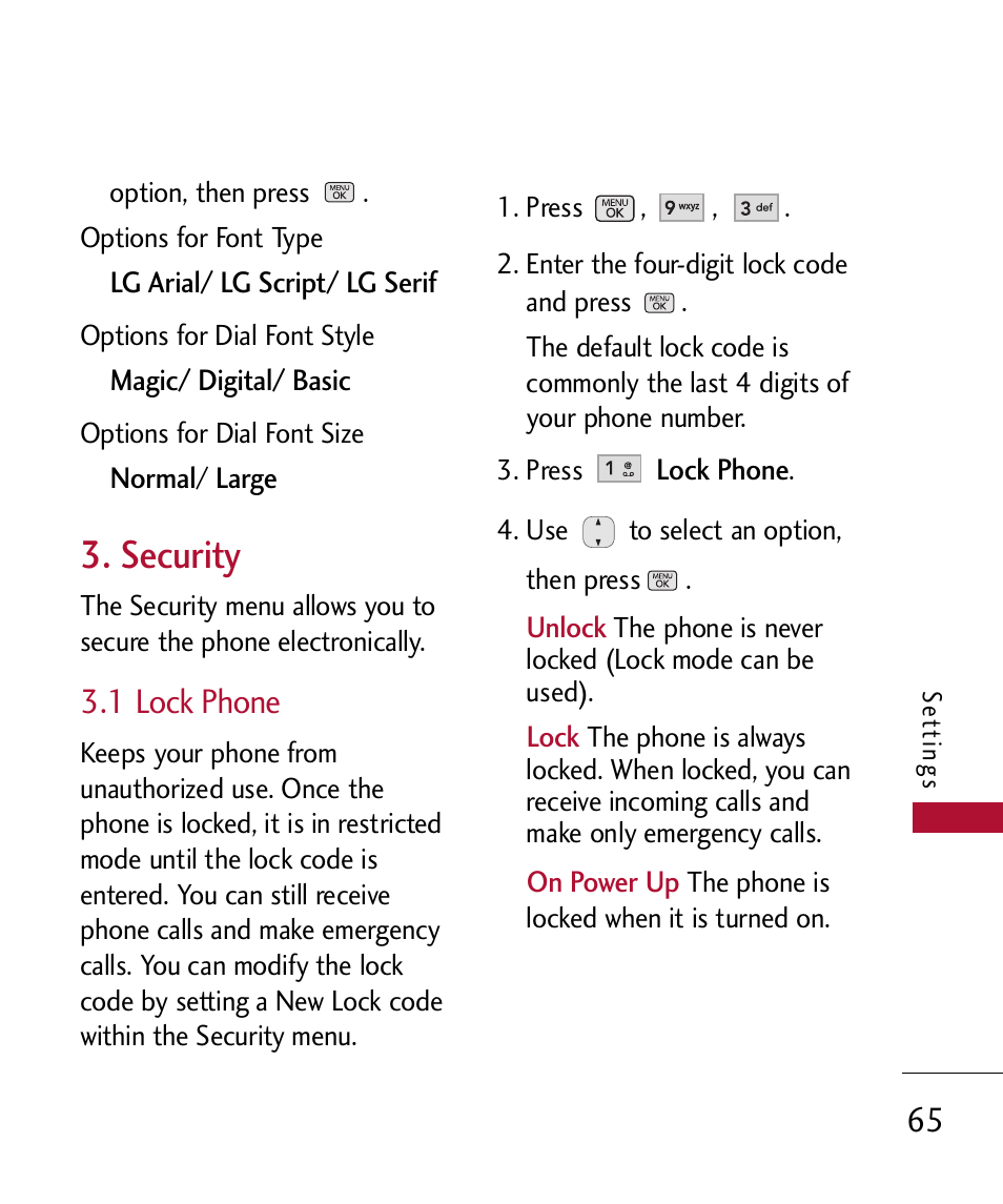 Security, 1 lock phone, 2 restriction | 2 restrictions | LG 300 User Manual | Page 67 / 226